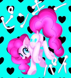 Size: 726x800 | Tagged: safe, artist:stacy_165cut, imported from derpibooru, pinkie pie, earth pony, pony, balloonbutt, blue background, butt, dock, female, heart, heart background, japanese, looking at you, looking back, looking back at you, mare, open mouth, plot, raised hoof, raised leg, simple background, solo, tail, tongue out, underhoof