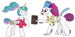 Size: 3264x1626 | Tagged: safe, artist:supahdonarudo, imported from derpibooru, princess celestia, queen novo, alicorn, classical hippogriff, hippogriff, pony, between dark and dawn, my little pony: the movie, alternate hairstyle, atg 2022, book, clothes, duo, duo female, eyes closed, female, hawaiian shirt, high res, holding, mare, newbie artist training grounds, open mouth, open smile, raised hoof, shirt, simple background, smiling, transparent background, vacation