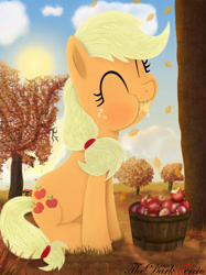 Size: 1024x1366 | Tagged: safe, artist:thedarktercio, imported from derpibooru, applejack, earth pony, pony, apple, autumn, bucket, cloud, cute, eating, food, herbivore, jackabetes, leaves, missing accessory, sky, solo, sun, tree