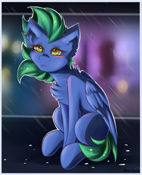 Size: 1860x2277 | Tagged: safe, artist:yuris, imported from derpibooru, oc, oc only, oc:siren rain, pegasus, pony, abstract background, cheek fluff, chest fluff, cute, ear fluff, eyelashes, feathered wings, female, folded wings, green eyes, green mane, mare, pegasus oc, sitting, solo, wings