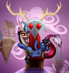 Size: 2946x3112 | Tagged: safe, artist:kruszynka25, imported from derpibooru, discord, oc, oc:digital wrench, unicorn, chaos, commission, discorded landscape, floating island, looking at you, smiling, surprised, throne, ych result