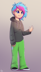 Size: 550x970 | Tagged: safe, artist:luminousdazzle, derpibooru exclusive, imported from derpibooru, human, blue eyes, clothes, female, hoodie, humanized, humanized oc, luminous dazzle, not zipp storm, short hair, simple background, smiling, solo, standing, waving