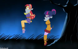 Size: 1123x711 | Tagged: safe, artist:robukun, imported from derpibooru, sci-twi, sunset shimmer, twilight sparkle, human, equestria girls, bondage, bound and gagged, cloth gag, clothes, clothes swap, crossover, daphne blake, gag, help us, hopping, over the nose gag, rope, rope bondage, scooby doo, shoes, socks, tied up, velma dinkley