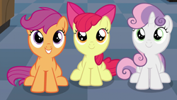 Size: 1920x1080 | Tagged: safe, imported from derpibooru, screencap, apple bloom, scootaloo, sweetie belle, earth pony, pegasus, pony, unicorn, on your marks, season 6, 1080p, adorabloom, cute, cutealoo, cutie mark crusaders, cutie mark cuties, daaaaaaaaaaaw, diasweetes, female, filly, foal, happy, looking up, sitting, smiling, too cute, trio, trio female