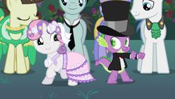 Size: 1280x720 | Tagged: safe, imported from derpibooru, screencap, bruce mane, cloud kicker, fine line, maxie, orion, shooting star (character), spike, sweetie belle, dragon, pony, unicorn, a canterlot wedding, season 2, clothes, cute, dancing, diasweetes, dress, female, filly, foal, happy, male, shipping fuel, stallion