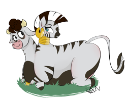 Size: 749x594 | Tagged: safe, imported from derpibooru, daisy jo, zecora, chimera, cow, hybrid, original species, zebra, beast, belly, big belly, body, conjoined, duo, duo female, fat, female, fusion, grass, grass field, jocora, multiple heads, request, requested art, simple background, transparent background, two heads, two heads are better than one, zebrow