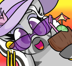 Size: 303x280 | Tagged: safe, artist:jargon scott, imported from derpibooru, oc, oc only, oc:matriarch zeg'us, zebra, cocktail umbrella, coconut cup, cute, female, hat, hi anon, looking at you, mare, meme, ocbetes, smiling, smiling at you, solo, sun hat, sunglasses, zebra oc