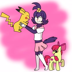 Size: 4096x4096 | Tagged: safe, artist:nyanpasumaddie, imported from derpibooru, apple bloom, earth pony, pikachu, pony, dot warner, female, filly, foal, ikue otani, japanese, pokémon, voice actor joke