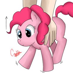 Size: 1280x1280 | Tagged: safe, artist:cjv2004, imported from derpibooru, pinkie pie, earth pony, pony, arrow, hand, holding a pony, moving, simple background, white background