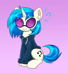 Size: 2204x2368 | Tagged: safe, artist:confetticakez, imported from derpibooru, dj pon-3, vinyl scratch, pony, unicorn, airpods, clothes, gradient background, hoodie, looking at you, music notes, sitting, solo, sunglasses, vinyl's glasses