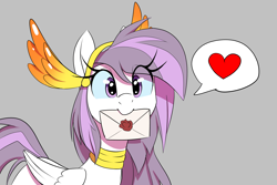 Size: 1500x1000 | Tagged: safe, artist:thebatfang, oc, oc:athena, oc:athena (shawn keller), pegasus, pony, featured image, female, gray background, heart, letter, mare, mouth hold, simple background, solo, speech bubble, wings