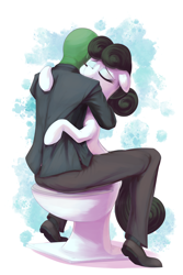 Size: 2000x3000 | Tagged: safe, artist:thebatfang, oc, oc:anon, oc:kohlette, object pony, original species, pony, toilet pony, abstract background, but why, clothes, eyes closed, hug, hugging a pony, lap sitting, ponified, smiling, suit, toilet