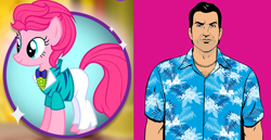 Size: 2100x1080 | Tagged: safe, imported from derpibooru, pinkie pie, earth pony, human, pony, clothes, coincidence, coincidence i think not, comparison, dress, gameloft, gameloft interpretation, grand theft auto, gta vice city, outfit, pinkie vercetti, pony reference, reference, tommy vercetti