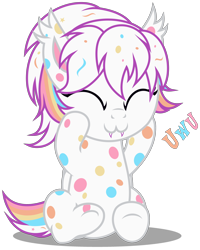 Size: 2930x3660 | Tagged: safe, artist:strategypony, imported from derpibooru, oc, oc only, oc:confetti cupcake, bat pony, pony, :3, bat pony oc, bat wings, confetti, cute, cute little fangs, daaaaaaaaaaaw, ear tufts, eyes closed, fangs, female, filly, foal, hoof on cheek, hoof on face, multicolored mane, multicolored tail, ocbetes, polka dots, simple background, sitting, solo, tail, transparent background, uwu, wings, younger