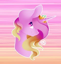Size: 466x485 | Tagged: safe, artist:prettyshinegp, imported from derpibooru, oc, oc only, pony, unicorn, abstract background, female, grin, horn, mare, signature, smiling, solo, unicorn oc