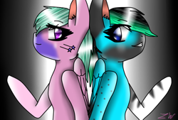 Size: 752x509 | Tagged: safe, artist:kat-the-true-kitkat, imported from derpibooru, oc, oc only, oc:ciel, pegasus, pony, abstract background, duo, pegasus oc, signature, wings