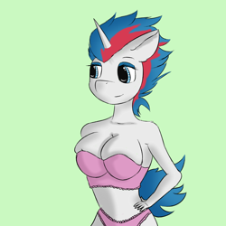 Size: 2000x2000 | Tagged: safe, artist:quickcast, imported from derpibooru, oc, oc only, anthro, unicorn, bra, breasts, cleavage, clothes, female, green background, horn, simple background, smiling, solo, underwear, unicorn oc