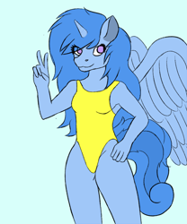Size: 1000x1200 | Tagged: safe, artist:quickcast, imported from derpibooru, oc, oc only, alicorn, anthro, alicorn oc, blue background, clothes, female, horn, one-piece swimsuit, peace sign, simple background, smiling, solo, swimsuit, wings