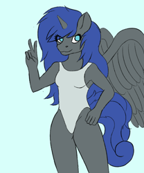 Size: 1000x1200 | Tagged: safe, alternate version, artist:quickcast, imported from derpibooru, oc, oc only, alicorn, anthro, alicorn oc, blue background, clothes, female, horn, one-piece swimsuit, peace sign, simple background, smiling, solo, swimsuit, wings