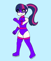 Size: 1000x1200 | Tagged: safe, artist:quickcast, imported from derpibooru, sci-twi, twilight sparkle, human, blue background, clothes, costume, eye clipping through hair, female, humanized, sci-titan, simple background, smiling