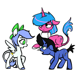 Size: 2048x2048 | Tagged: safe, artist:pfeffaroo, imported from derpibooru, oc, oc only, oc:echo shade, oc:smokey sky, oc:snow feather, pegasus, pony, unicorn, fanfic:song of seven, angry, argument, black mane, bow, clothes, cutie mark, female, floppy ears, green eyes, hooves, horn, leonine tail, mare, pegasus oc, short tail, siblings, simple background, striped mane, tail, tired, unicorn oc, wings