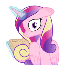 Size: 2000x2000 | Tagged: safe, artist:candy meow, imported from derpibooru, princess cadance, alicorn, pony, atg 2022, blushing, book, fanfic, female, high res, mare, newbie artist training grounds, scared, simple background, solo, white background, with great power comes great shipping