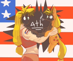 Size: 2587x2160 | Tagged: safe, artist:applephil, imported from derpibooru, applejack, earth pony, human, pony, 4th of july, american flag, applejacked, duo, female, fireworks, hatless, high res, holding a pony, holiday, human ponidox, humanized, mare, missing accessory, mouth hold, muscles, muscular female, self paradox, self ponidox, silly, silly pony, singed, smoke, sparkler (firework), tattoo, who's a silly pony