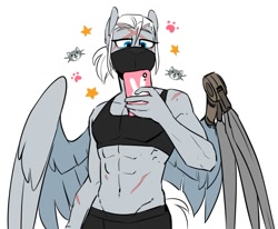 Size: 969x797 | Tagged: safe, artist:redxbacon, imported from derpibooru, oc, oc:single strike, anthro, pegasus, abs, artificial wings, augmented, female, mare, mask, mechanical wing, muscles, muscular female, phone, prosthetics, scar, selfie, simple background, solo, white background, wings