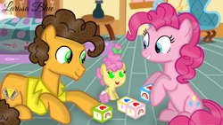 Size: 1280x720 | Tagged: safe, artist:mlplary6, imported from derpibooru, cheese sandwich, li'l cheese, pinkie pie, earth pony, pony, the last problem, baby, cheesepie, family, father and child, father and daughter, female, filly, foal, lying down, male, mare, mother and child, mother and daughter, shipping, sitting, smiling, stallion, straight, toy