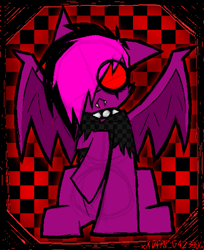 Size: 1251x1533 | Tagged: safe, artist:xxv4mp_g4z3rxx, imported from derpibooru, oc, oc only, oc:violet valium, bat pony, pony, :<, bat pony oc, behaving like a cat, checkered background, clothes, collar, emo, fangs, hoodie, raised hoof, red eyes, signature, sitting, spiked collar, spread wings, torn clothes, two toned mane, wings