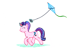 Size: 1200x800 | Tagged: safe, artist:jezendar, imported from derpibooru, starlight glimmer, pony, unicorn, 2018, female, kite, magic, magic aura, mare, simple background, that pony sure does love kites, white background