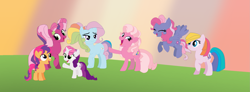 Size: 2053x758 | Tagged: safe, artist:lillianlover2007, artist:selenaede, imported from derpibooru, cheerilee (g3), pinkie pie (g3), rainbow dash (g3), scootaloo (g3), starsong, sweetie belle (g3), toola roola, earth pony, pegasus, pony, unicorn, base used, core seven, eyes closed, g3, g3 to g4, g3.5, g4, generation leap, looking at you, open mouth, pigtails, ponytail, raised hoof