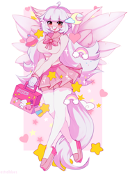 Size: 1698x2305 | Tagged: safe, artist:astralblues, imported from derpibooru, oc, oc only, oc:ophelia, anthro, bird, hippogriff, anthro oc, birb, clothes, cute, heart, nekomellow, pastel, pastel pink, pink, school uniform, solo, stars, wings, yandere