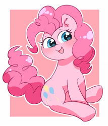 Size: 2633x3077 | Tagged: safe, artist:leo19969525, imported from derpibooru, pinkie pie, earth pony, pony, blue eyes, blushing, cute, daaaaaaaaaaaw, diapinkes, female, happy, looking at you, mane, mare, open mouth, outline, passepartout, pink background, pink mane, pink tail, simple background, sitting, smiling, smiling at you, solo, tail, white outline