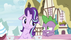 Size: 1334x750 | Tagged: safe, imported from derpibooru, screencap, spike, starlight glimmer, dragon, pony, unicorn, season 7, triple threat, duo, female, floppy ears, male, mare