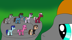 Size: 1920x1080 | Tagged: safe, artist:platinumdrop, imported from derpibooru, oc, oc only, oc:art splatter, oc:beau blackbolt, oc:landry crusher, oc:platinumdrop, oc:poor richman, oc:rain breeze, oc:sapphire storm, oc:teal star, micro, request, tiny