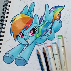 Size: 2048x2048 | Tagged: safe, artist:sugarghoulz, imported from derpibooru, rainbow dash, pegasus, pony, flying, grin, photo, signature, smiling, solo, spread wings, traditional art, wings, wip