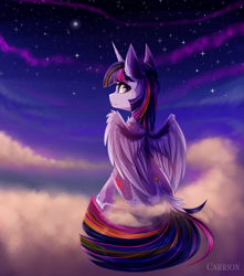 Size: 4235x4800 | Tagged: safe, artist:carrion1750, imported from derpibooru, twilight sparkle, alicorn, pony, cloud, female, horn, looking at you, looking back, looking back at you, night, sitting, sky, smiling, solo, stars, twilight sparkle (alicorn), wings