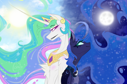Size: 1280x850 | Tagged: safe, artist:carrion1750, imported from derpibooru, princess celestia, princess luna, alicorn, pony, back to back, blushing, chest fluff, curved horn, day, duo, female, freckles, horn, jewelry, looking at each other, looking at someone, moon, night, regalia, smiling, sun