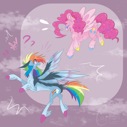 Size: 1870x1880 | Tagged: safe, artist:carrion1750, imported from derpibooru, pinkie pie, rainbow dash, pegasus, pony, abstract background, cutie mark, duo, eyes closed, female, flying, laughing, looking back, open mouth, pegasus pinkie pie, physique difference, question mark, race swap, redesign, shocked, slim, smiling, spread wings, thin, wings