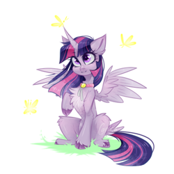 Size: 3500x3500 | Tagged: safe, artist:carrion1750, imported from derpibooru, twilight sparkle, alicorn, pony, choker, cloven hooves, colored hooves, female, fluffy, grass, horn, jewelry, low quality, necklace, needs more jpeg, pixelated, raised hoof, simple background, sitting, slim, smiling, solo, sparkles, spread wings, tail, tail feathers, thin, twilight sparkle (alicorn), white background, wings