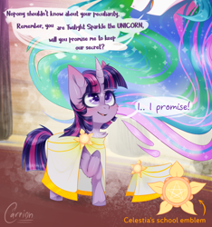 Size: 1280x1370 | Tagged: safe, artist:carrion1750, imported from derpibooru, princess celestia, twilight sparkle, alicorn, pony, alternate universe, blushing, brooch, cape, clasp, clothes, curved horn, disguise, duo, female, filly, foal, grammar error, hallway, horn, jewelry, open mouth, raised hoof, smiling, speech, speech bubble, talking, twilight sparkle (alicorn)