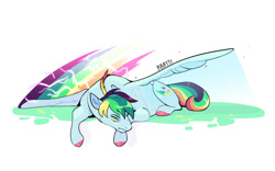 Size: 1280x800 | Tagged: safe, artist:kraytt-05, imported from derpibooru, oc, oc only, oc:philadelfia, pegasus, pony, colored hooves, lying down, male, offspring, parent:rainbow dash, parent:soarin', parents:soarindash, prone, simple background, solo, stallion, white background