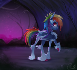 Size: 1500x1365 | Tagged: safe, artist:carrion1750, imported from derpibooru, rainbow dash, pegasus, pony, cave, feathered fetlocks, female, nervous, night, raised hoof, redesign, skinny, solo, stars, thin, uncertain, wings, worried