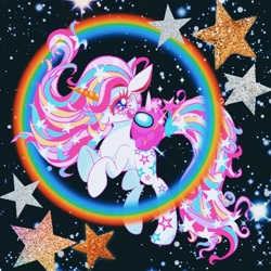 Size: 1080x1080 | Tagged: safe, artist:stacy_165cut, imported from derpibooru, oc, oc only, pony, unicorn, among us, black background, female, horn, mare, rainbow, simple background, stars