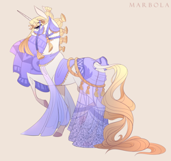 Size: 2974x2809 | Tagged: safe, artist:marbola, imported from derpibooru, oc, oc only, oc:blue haze, pony, saddle arabian, unicorn, blonde mane, blue eyes, clothes, female, horn, jewelry, leonine tail, long horn, mare, raised hoof, signature, simple background, solo, tail, white fur