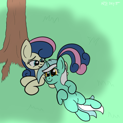 Size: 2000x2000 | Tagged: safe, artist:dafiltafish, imported from derpibooru, bon bon, lyra heartstrings, sweetie drops, earth pony, pony, unicorn, adorabon, atg 2022, cuddling, cute, duo, female, grass, lesbian, looking at each other, looking at someone, lyrabetes, lyrabon, mare, newbie artist training grounds, shipping, smiling, smiling at each other, tree, under the tree