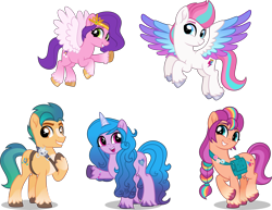 Size: 10000x7726 | Tagged: safe, artist:n0kkun, imported from derpibooru, hitch trailblazer, izzy moonbow, pipp petals, sunny starscout, zipp storm, earth pony, pegasus, pony, unicorn, absurd resolution, female, g4, g5, g5 to g4, generation leap, grin, male, mane five (g5), mare, open mouth, open smile, simple background, smiling, stallion, transparent background, vector