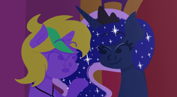 Size: 3720x2040 | Tagged: safe, artist:iceflower99, imported from derpibooru, princess luna, oc, oc:buggy brush, fanfic, fanfic art, jewelry, link in description, looking at each other, looking at someone, necklace, style emulation, throne, throne room