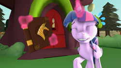 Size: 1920x1080 | Tagged: safe, artist:sketchmcreations, derpibooru exclusive, imported from derpibooru, twilight sparkle, alicorn, pony, 3d, awkward smile, book, book of harmony, download at source, downloadable, eyes closed, glowing, glowing horn, gmod, golden oaks library, horn, magic, outdoors, ponyville, raised hoof, smiling, solo, source filmmaker, source filmmaker resource, sweat, sweatdrops, telekinesis, twilight sparkle (alicorn)